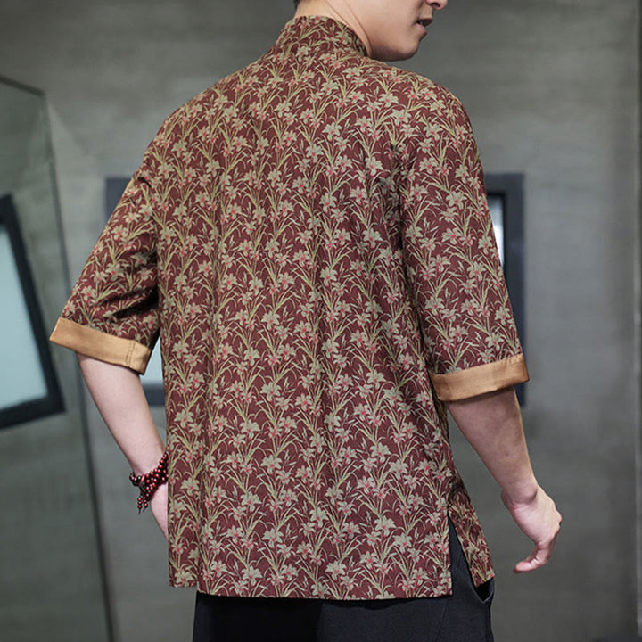 Buddha Stones 夏 カラフル 花柄 葉柄 半袖 カエルボタンデザイン メンズ コットンシャツ - image 3