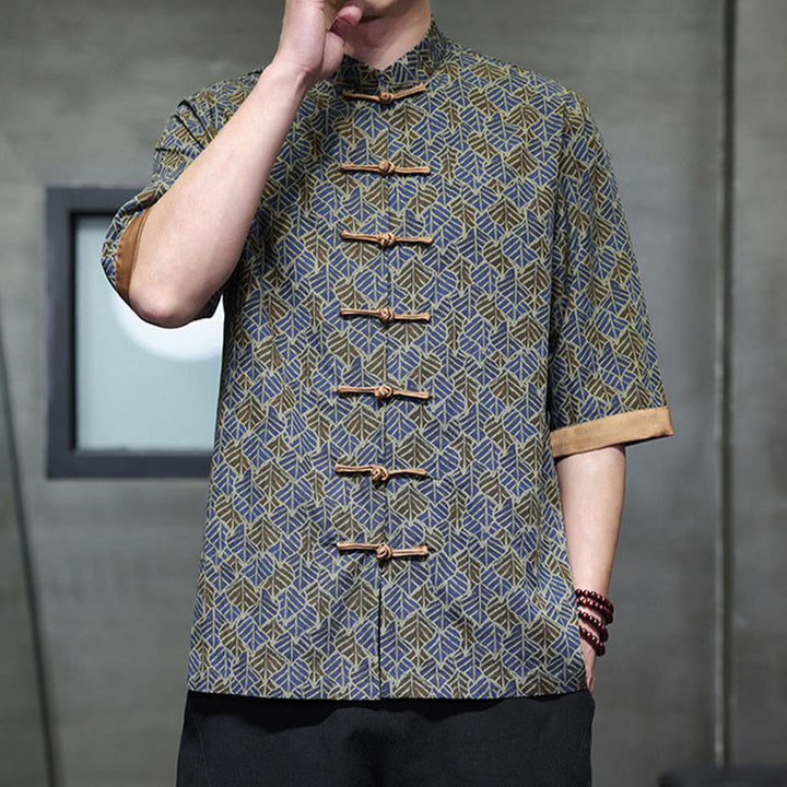 Buddha Stones 夏 カラフル 花柄 葉柄 半袖 カエルボタンデザイン メンズ コットンシャツ - image 20