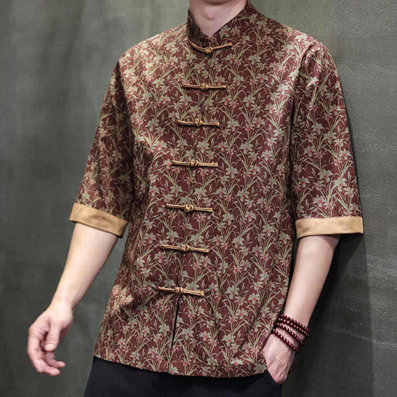 Buddha Stones 夏 カラフル 花柄 葉柄 半袖 カエルボタンデザイン メンズ コットンシャツ - image 4