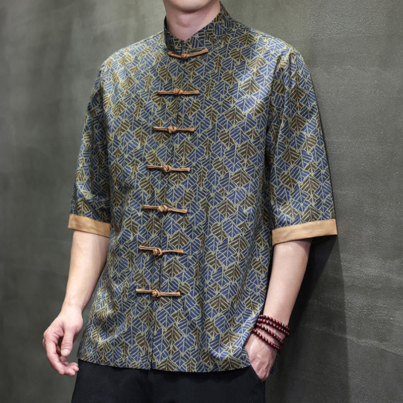 Buddha Stones 夏 カラフル 花柄 葉柄 半袖 カエルボタンデザイン メンズ コットンシャツ - image 23