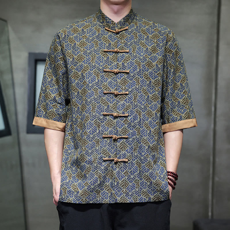 Buddha Stones 夏 カラフル 花柄 葉柄 半袖 カエルボタンデザイン メンズ コットンシャツ - image 21