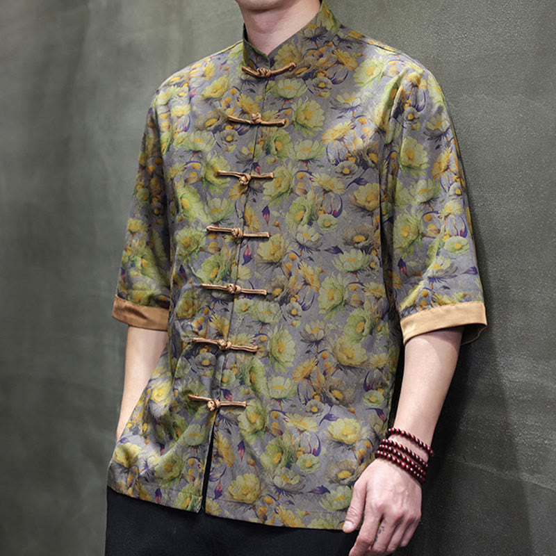 Buddha Stones 夏 カラフル 花柄 葉柄 半袖 カエルボタンデザイン メンズ コットンシャツ - image 11