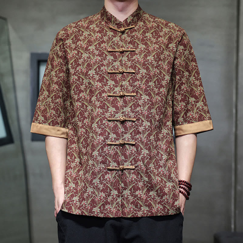 Buddha Stones 夏 カラフル 花柄 葉柄 半袖 カエルボタンデザイン メンズ コットンシャツ - image 2