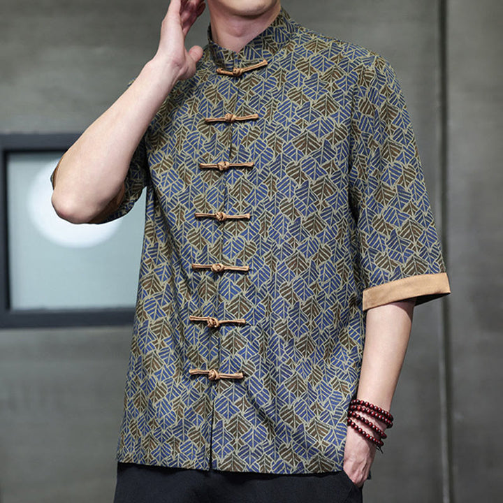 Buddha Stones 夏 カラフル 花柄 葉柄 半袖 カエルボタンデザイン メンズ コットンシャツ - image 19