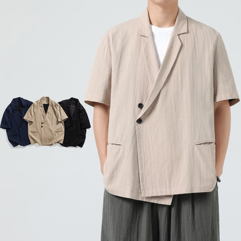 Buddha Stones 春の無地アシンメトリーラペルカラー半袖メンズコットンリネンシャツポケット付き - image 25