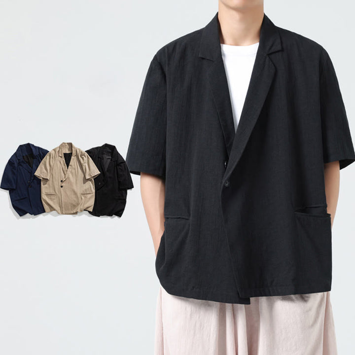 Buddha Stones 春の無地アシンメトリーラペルカラー半袖メンズコットンリネンシャツポケット付き - image 16