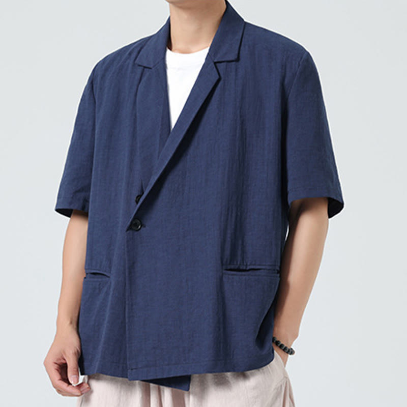 Buddha Stones 春の無地アシンメトリーラペルカラー半袖メンズコットンリネンシャツポケット付き - image 4