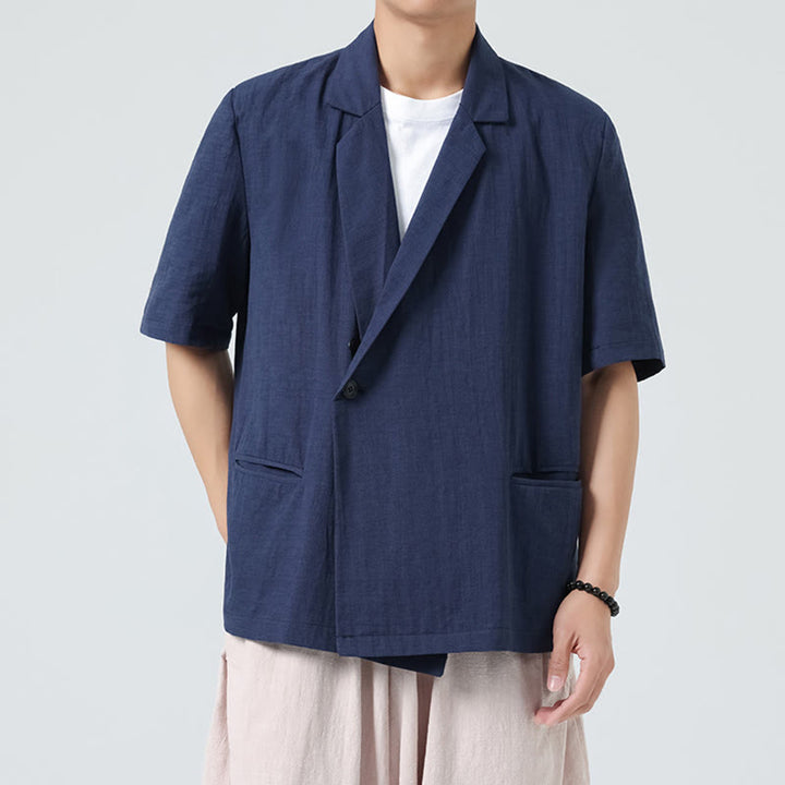 Buddha Stones 春の無地アシンメトリーラペルカラー半袖メンズコットンリネンシャツポケット付き - ダークブルー - US/UK/AU46、 EU56 (5XL) - image 1