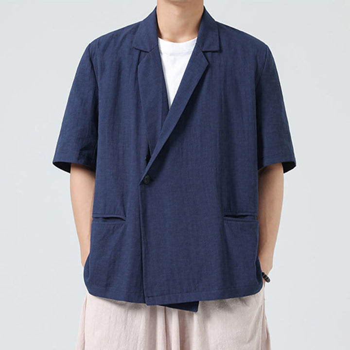 Buddha Stones 春の無地アシンメトリーラペルカラー半袖メンズコットンリネンシャツポケット付き - image 0