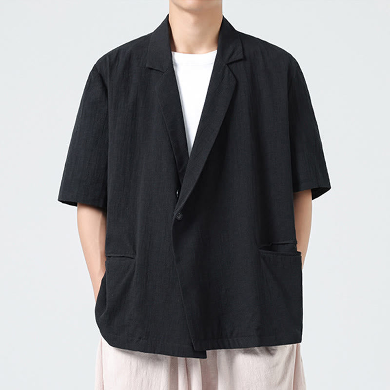 Buddha Stones 春の無地アシンメトリーラペルカラー半袖メンズコットンリネンシャツポケット付き - image 9