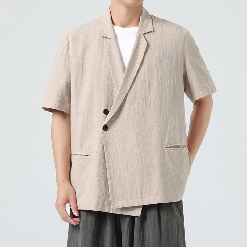 Buddha Stones 春の無地アシンメトリーラペルカラー半袖メンズコットンリネンシャツポケット付き - 小麦 - US/UK/AU46、 EU56 (5XL) - image 18