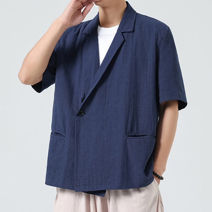 Buddha Stones 春の無地アシンメトリーラペルカラー半袖メンズコットンリネンシャツポケット付き - image 2