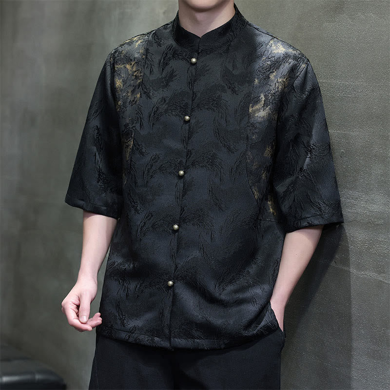 Buddha Stones テクスチャードジャカード八卦柄ボタンタンスーツメンズ半袖コットンシャツ - 黒 - US/UK/AU46、 EU56 (5XL) - image 8