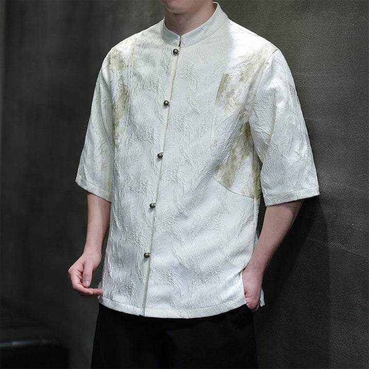 Buddha Stones テクスチャードジャカード八卦柄ボタンタンスーツメンズ半袖コットンシャツ - 白 - US/UK/AU46、 EU56 (5XL) - image 0