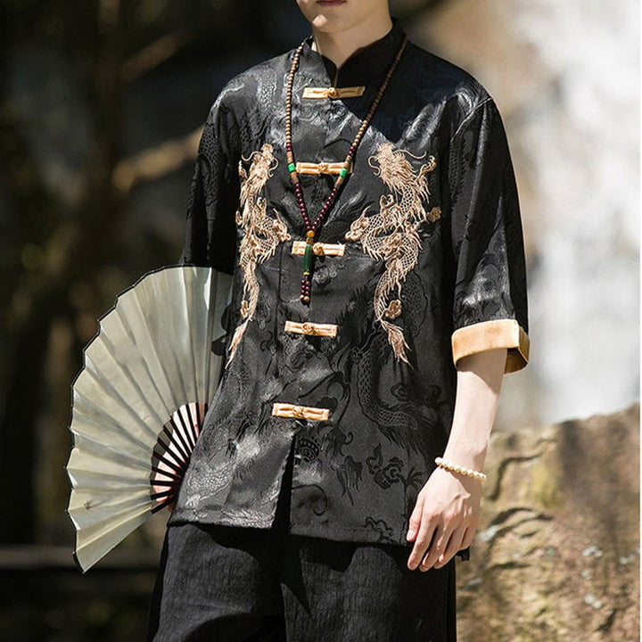 Buddha Stones 刺繍入りドラゴン柄カラーブロックデザイン 唐装メンズ フロッグボタン 半袖シャツ - image 17