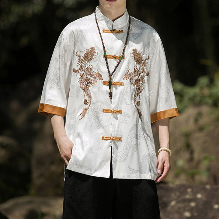 Buddha Stones 刺繍入りドラゴン柄カラーブロックデザイン 唐装メンズ フロッグボタン 半袖シャツ - image 5