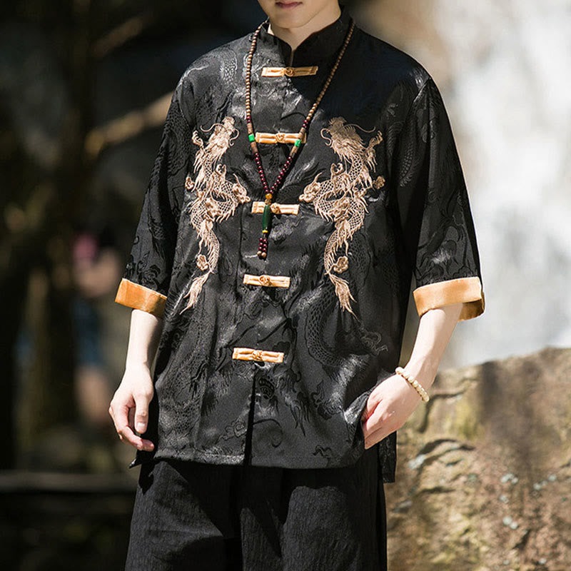 Buddha Stones 刺繍入りドラゴン柄カラーブロックデザイン 唐装メンズ フロッグボタン 半袖シャツ - image 13