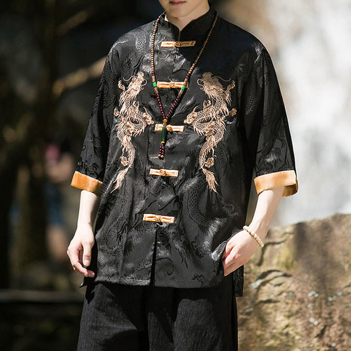 Buddha Stones 刺繍入りドラゴン柄カラーブロックデザイン 唐装メンズ フロッグボタン 半袖シャツ - image 13