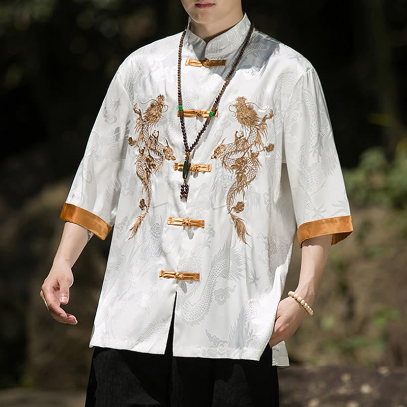 Buddha Stones 刺繍入りドラゴン柄カラーブロックデザイン 唐装メンズ フロッグボタン 半袖シャツ - image 9