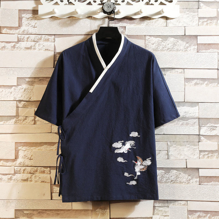 Buddha Stones 刺繍鶴吉祥雲柄前開き半袖ジャケットメンズ綿着物 - ミッドナイトブルー - US/UK/AU46、 EU56 (5XL) - image 0