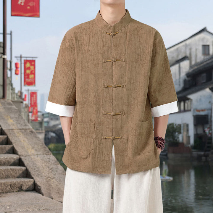 Buddha Stones 夏用 鶴 松 柄 唐装 メンズ フロッグボタン 半袖 コットンシャツ ポケット付き - ゴールデンロッド - US/UK/AU46、 EU56 (5XL) - image 7