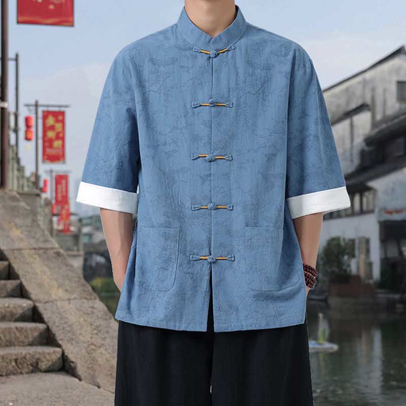 Buddha Stones 夏用 鶴 松 柄 唐装 メンズ フロッグボタン 半袖 コットンシャツ ポケット付き - image 16