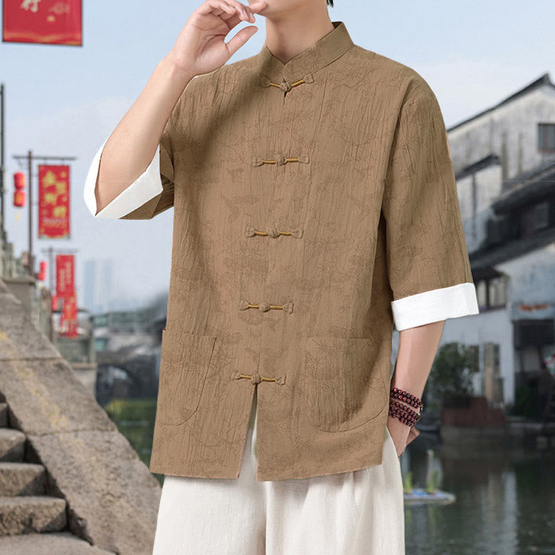 Buddha Stones 夏用 鶴 松 柄 唐装 メンズ フロッグボタン 半袖 コットンシャツ ポケット付き - image 11