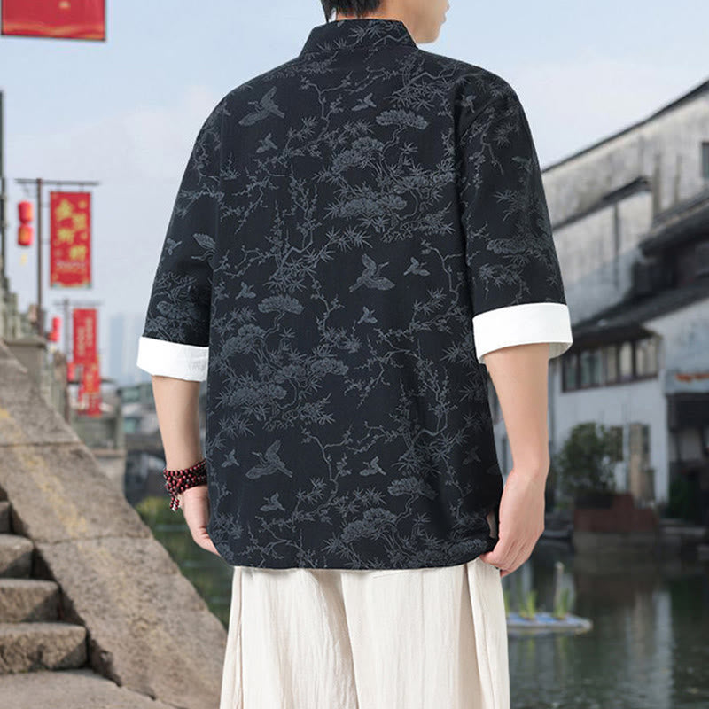 Buddha Stones 夏用 鶴 松 柄 唐装 メンズ フロッグボタン 半袖 コットンシャツ ポケット付き - image 1
