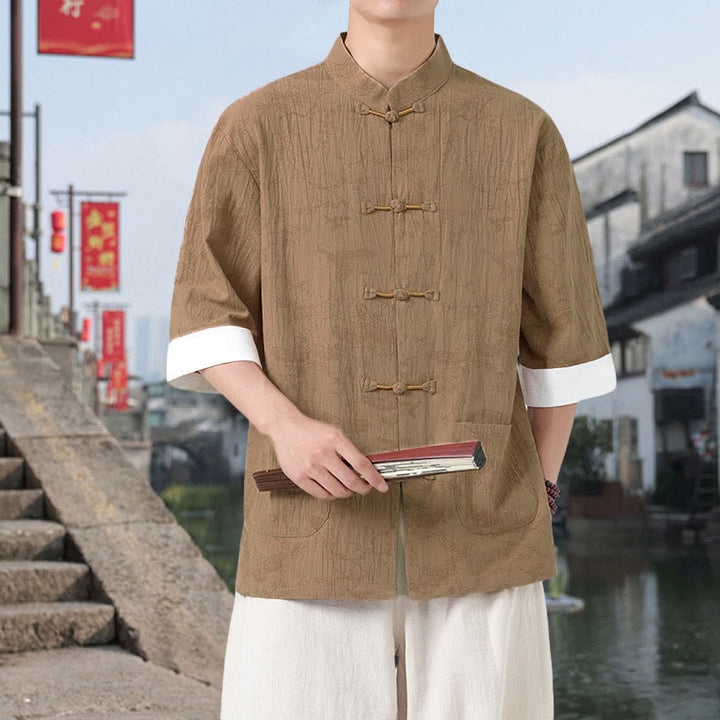 Buddha Stones 夏用 鶴 松 柄 唐装 メンズ フロッグボタン 半袖 コットンシャツ ポケット付き - image 9