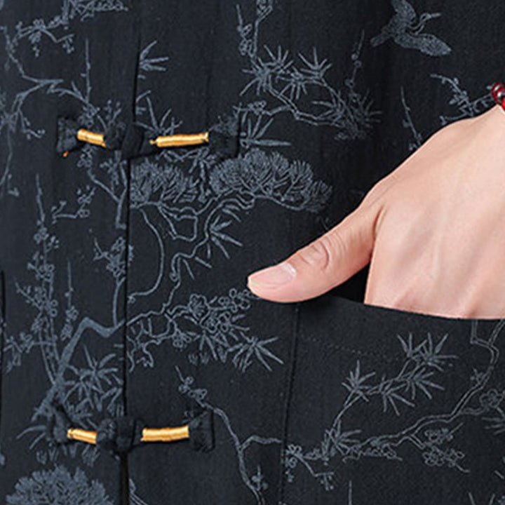 Buddha Stones 夏用 鶴 松 柄 唐装 メンズ フロッグボタン 半袖 コットンシャツ ポケット付き - image 4