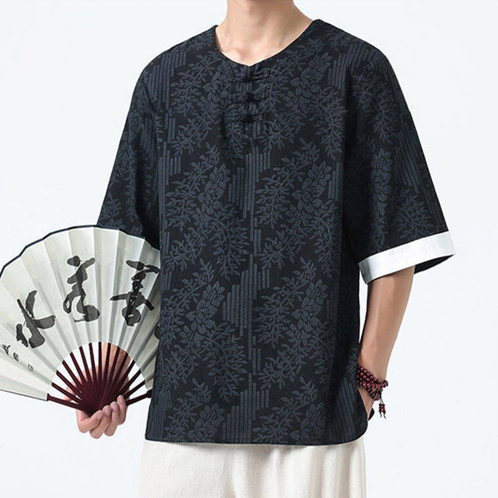 Buddha Stones 夏の花と草の模様の唐装メンズフロッグボタン半袖コットンシャツ - image 12