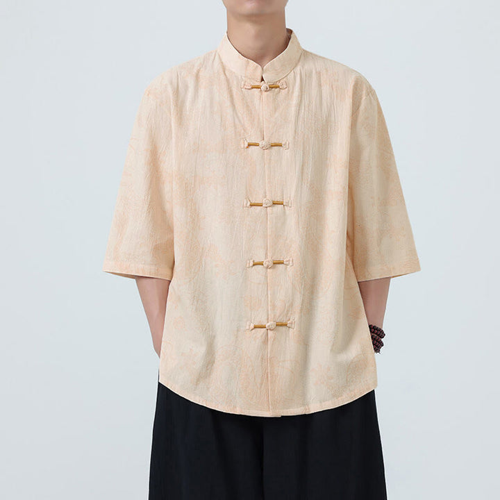 Buddha Stones 夏 龍 吉兆 雲 柄 唐装 メンズ フロッグボタン 半袖 コットンシャツ - 小麦 - US/UK/AU46、 EU56 (5XL) - image 7