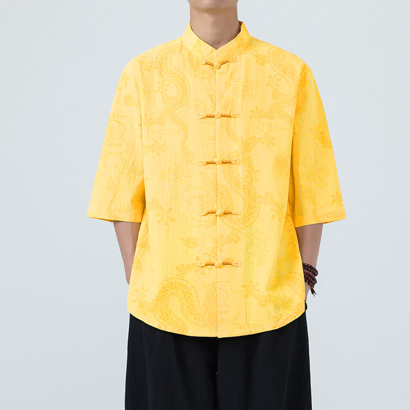 Buddha Stones 夏 龍 吉兆 雲 柄 唐装 メンズ フロッグボタン 半袖 コットンシャツ - 黄色 - US/UK/AU46、 EU56 (5XL) - image 11