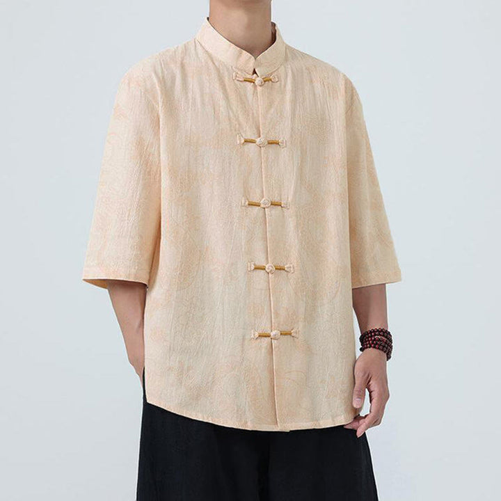 Buddha Stones 夏 龍 吉兆 雲 柄 唐装 メンズ フロッグボタン 半袖 コットンシャツ - image 8