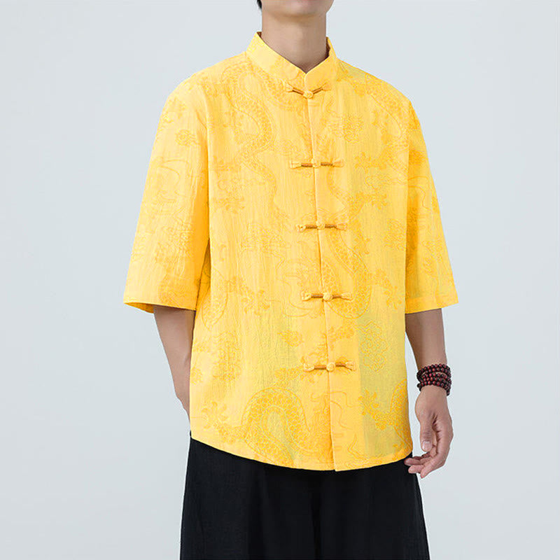 Buddha Stones 夏 龍 吉兆 雲 柄 唐装 メンズ フロッグボタン 半袖 コットンシャツ - image 13