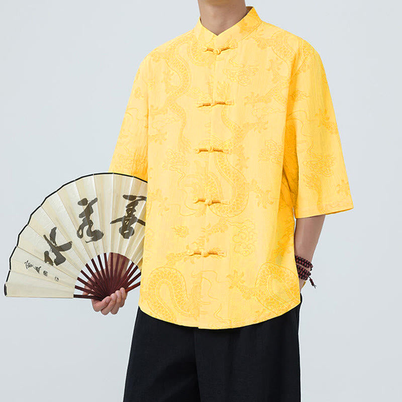 Buddha Stones 夏 龍 吉兆 雲 柄 唐装 メンズ フロッグボタン 半袖 コットンシャツ - image 14