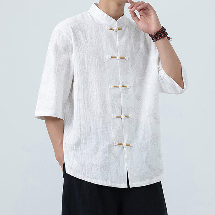 Buddha Stones 夏 龍 吉兆 雲 柄 唐装 メンズ フロッグボタン 半袖 コットンシャツ - image 17