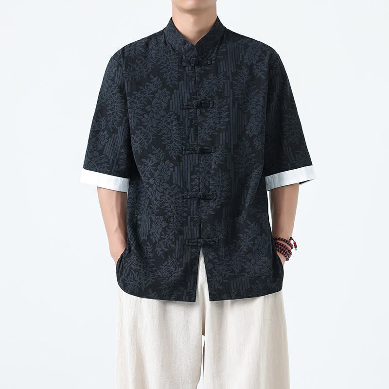 Buddha Stones 夏の花と草の模様の唐装メンズフロッグボタン半袖コットンシャツ（ポケット付き） - image 1