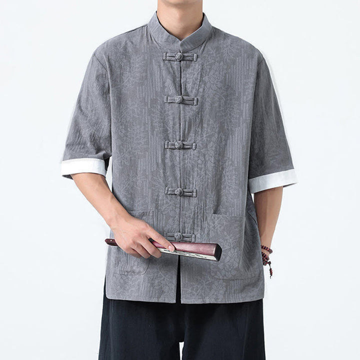 Buddha Stones 夏の花と草の模様の唐装メンズフロッグボタン半袖コットンシャツ（ポケット付き） - image 6