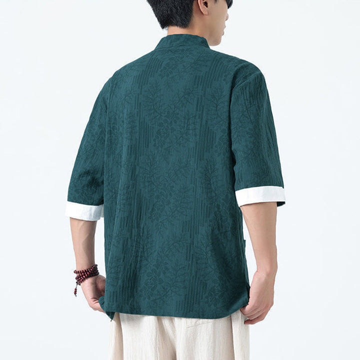 Buddha Stones 夏の花と草の模様の唐装メンズフロッグボタン半袖コットンシャツ（ポケット付き） - image 18