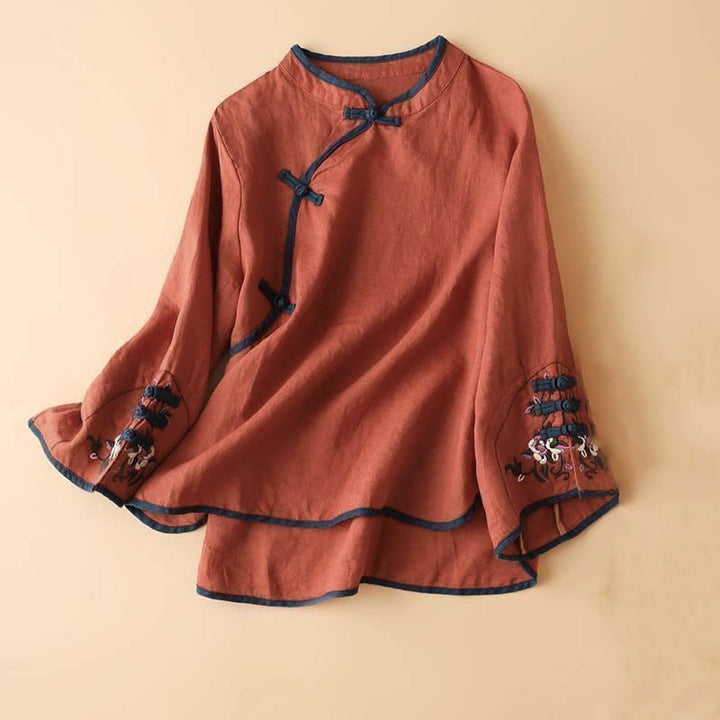Buddha Stonesレトロフラワー刺繍デザイン長袖レディースシャツ - 赤 - US12、 UK/AU16、EU44（4XL） - image 0
