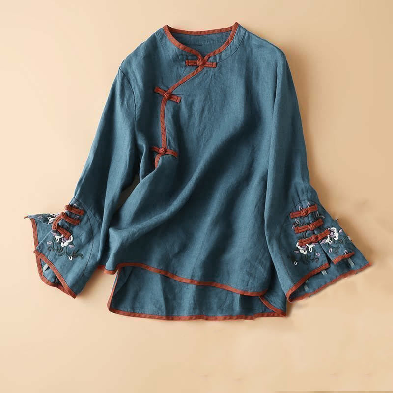 Buddha Stonesレトロフラワー刺繍デザイン長袖コットンリネンレディースシャツ - スティールブルー - US12、 UK/AU16、EU44 (4XL) - image 10