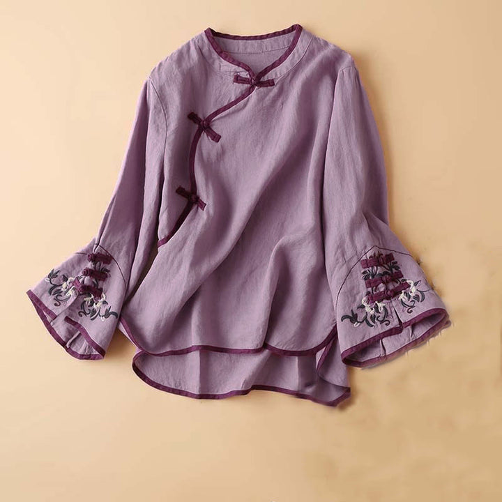 Buddha Stonesレトロフラワー刺繍デザイン長袖レディースシャツ - バイオレット - US12、 UK/AU16、EU44（4XL） - image 16