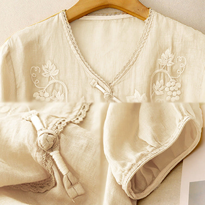 Buddha Stones 刺繍入りブドウ柄レースデザイン カエルボタン七分袖レディースコットンシャツ - image 8
