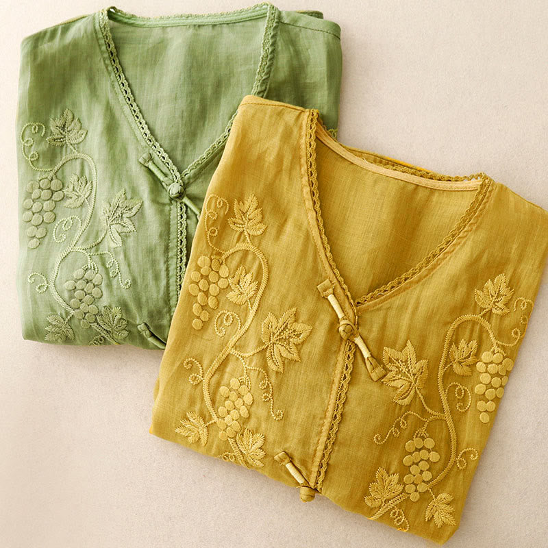 Buddha Stones 刺繍入りブドウ柄レースデザイン カエルボタン七分袖レディースコットンシャツ - image 15