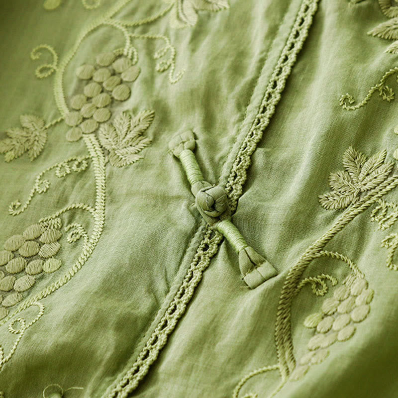 Buddha Stones 刺繍入りブドウ柄レースデザイン カエルボタン七分袖レディースコットンシャツ - image 1