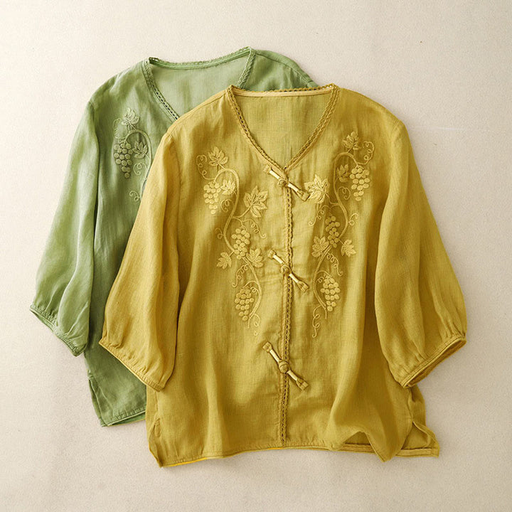 Buddha Stones 刺繍入りブドウ柄レースデザイン カエルボタン七分袖レディースコットンシャツ - image 14