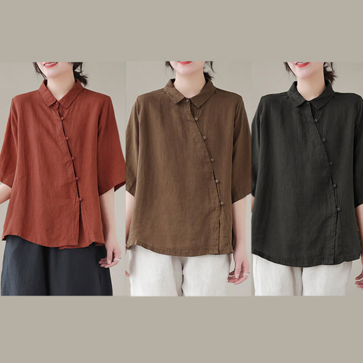 Buddha Stones ラペルフロッグボタン斜め前立てデザイン七分袖レディースコットンシャツ - image 19