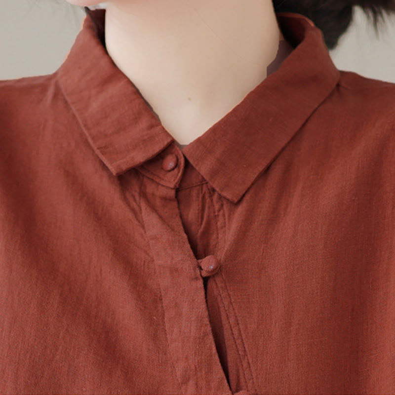 Buddha Stones ラペルフロッグボタン斜め前立てデザイン七分袖レディースコットンシャツ - image 5