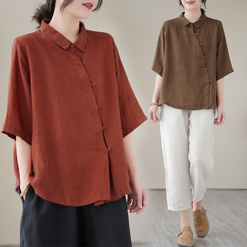 Buddha Stones ラペルフロッグボタン斜め前立てデザイン七分袖レディースコットンシャツ - image 18